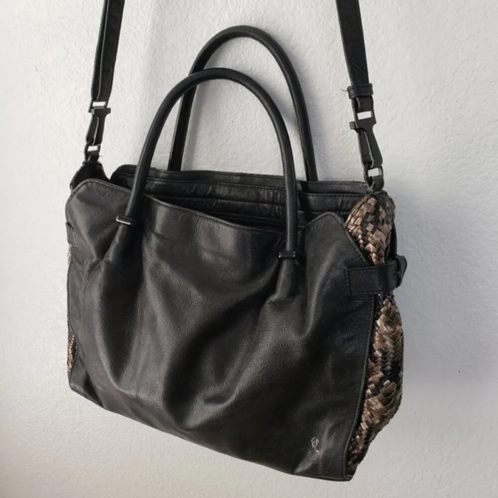 Elliott LUCCA Leather Metallic Woven Detail Slouchy Hobo Bag Large